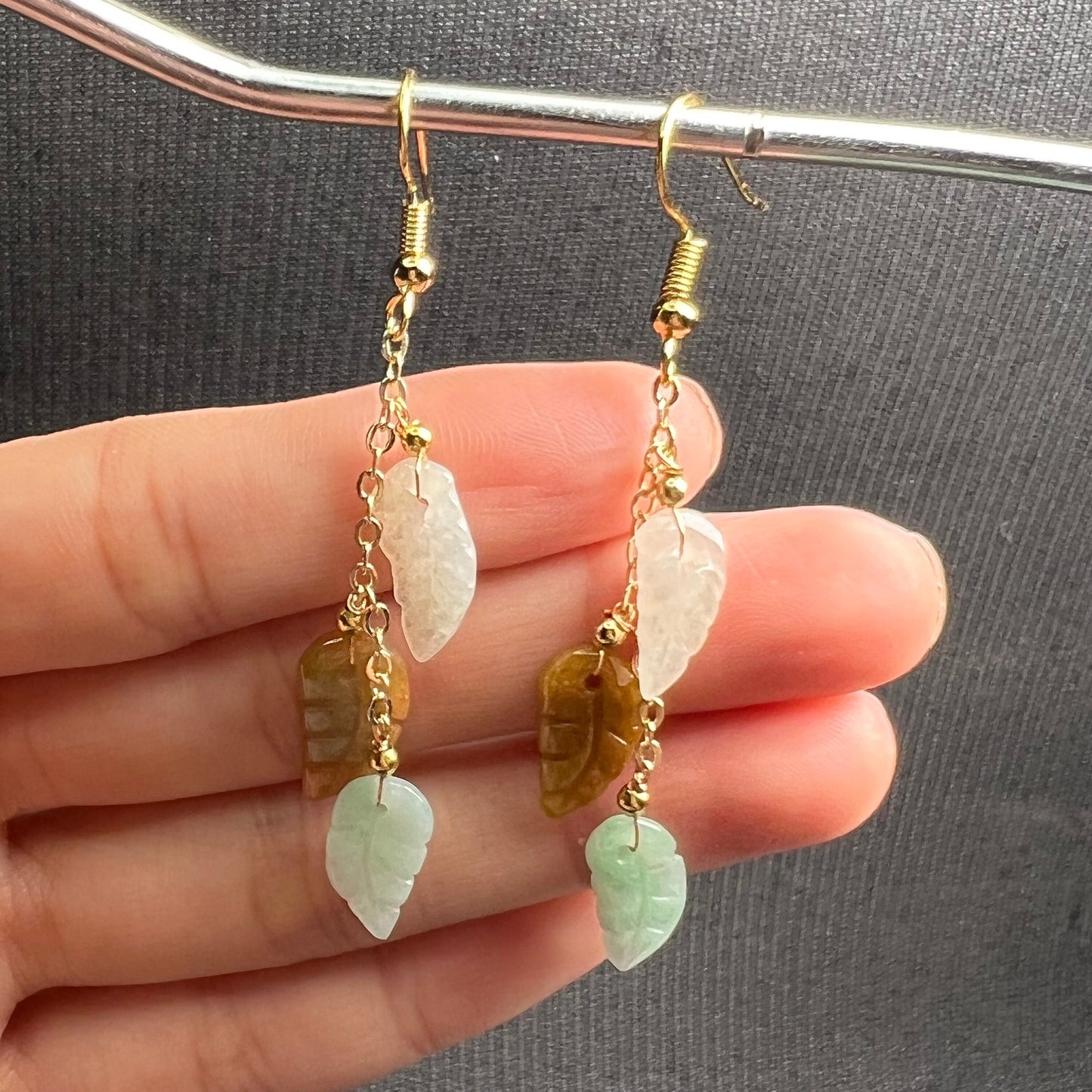 Natural jadeite Leaf eardrop jade Earrings with gold plated bail Burma Jade Grade A jade earbob jade loose beads Jewelry gift for her