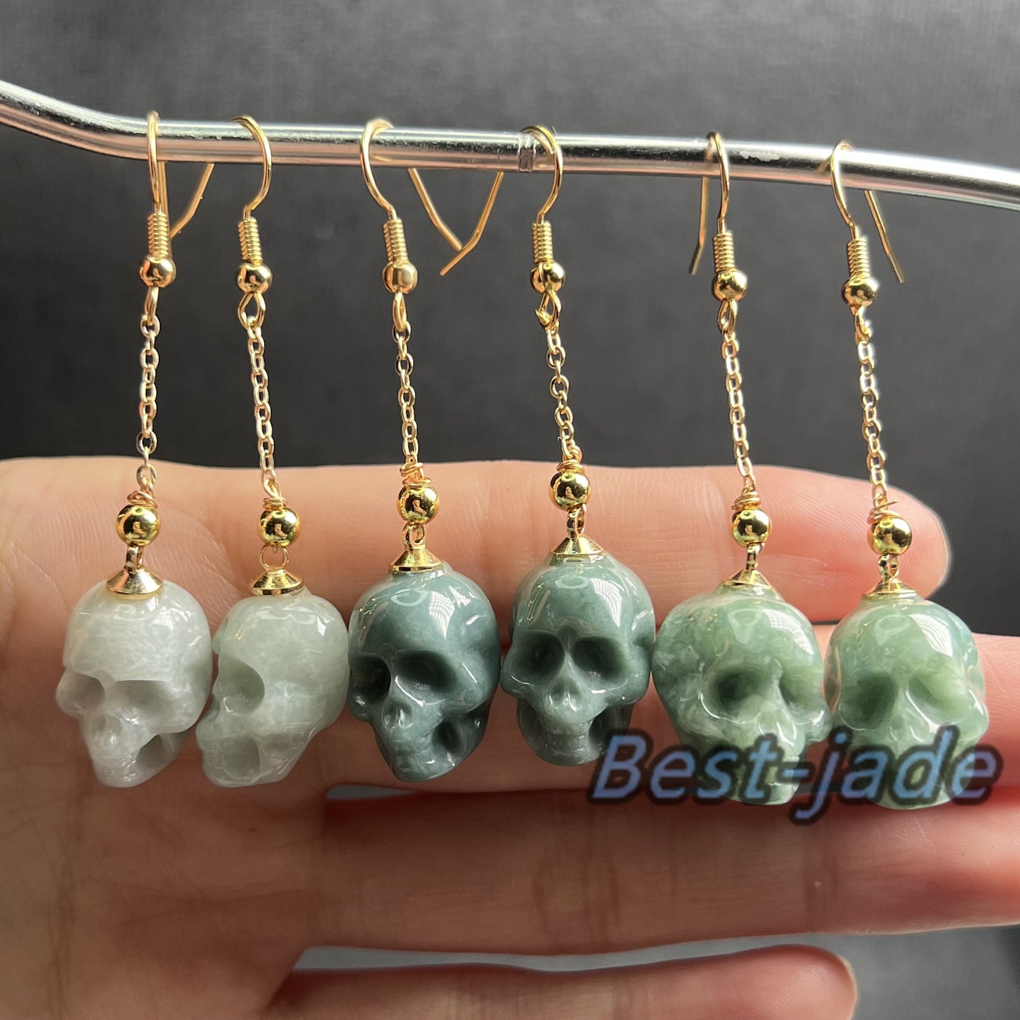 3Colors Skull Natural jadeite Transparent eardrop jade Earrings with gold plated bail Blue Jade Grade A jade Jewelry Halloween gift for her