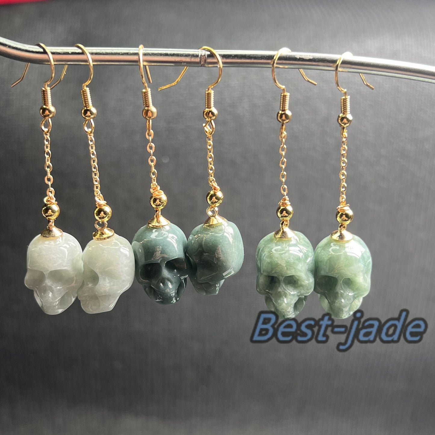 3Colors Skull Natural jadeite Transparent eardrop jade Earrings with gold plated bail Blue Jade Grade A jade Jewelry Halloween gift for her