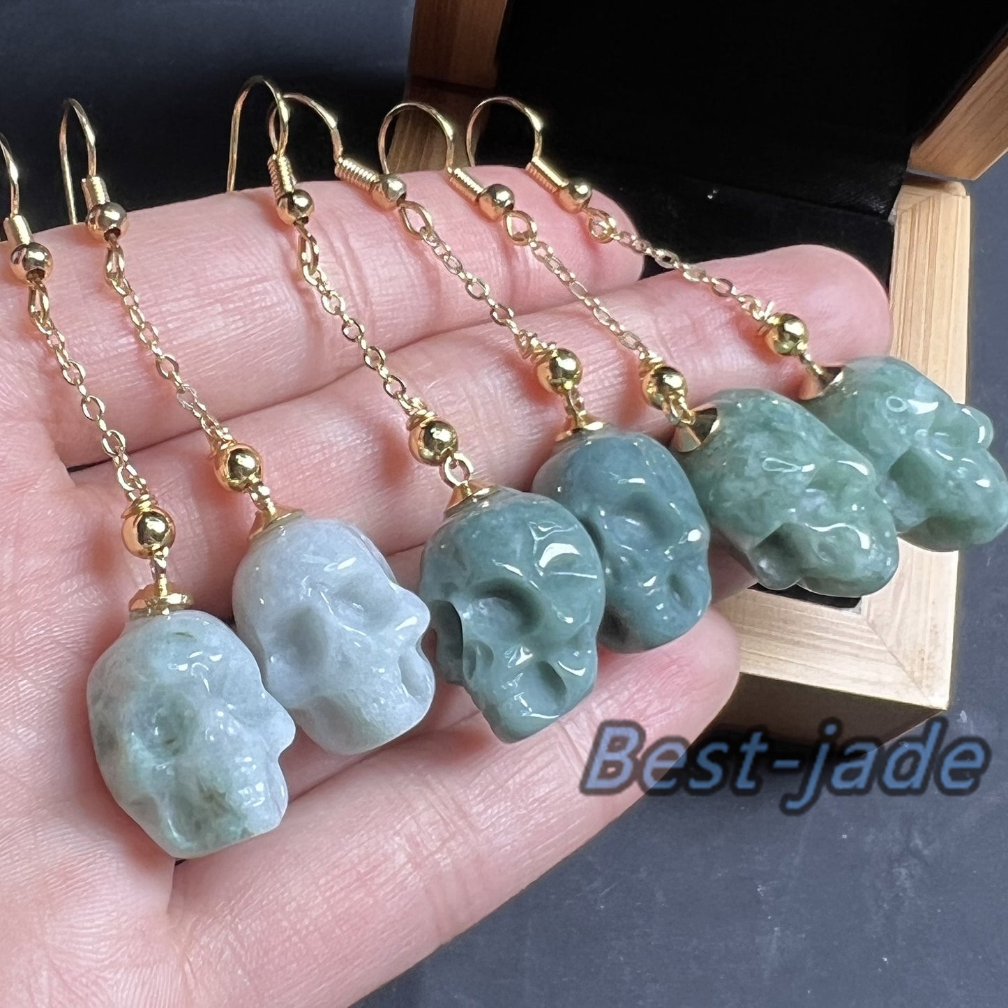 3Colors Skull Natural jadeite Transparent eardrop jade Earrings with gold plated bail Blue Jade Grade A jade Jewelry Halloween gift for her