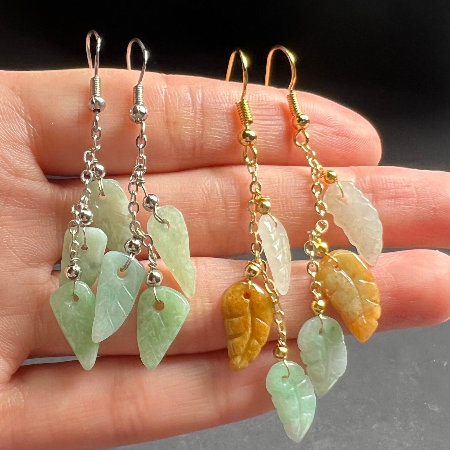 Natural jadeite Leaf eardrop jade Earrings with gold plated bail Burma Jade Grade A jade earbob jade loose beads Jewelry gift for her