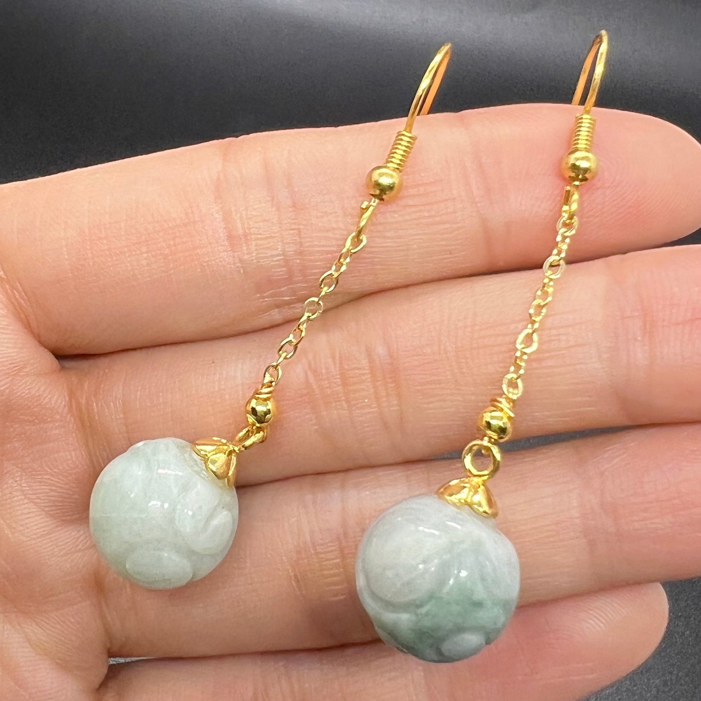 Natural jadeite Dragon bead eardrop jade Earrings with gold plated bail Burma Jade Grade A jade earbob jade loose beads Jewelry gift for her