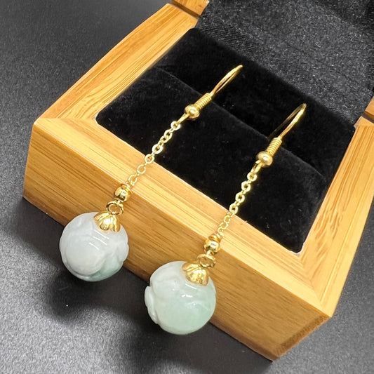 Natural jadeite Dragon bead eardrop jade Earrings with gold plated bail Burma Jade Grade A jade earbob jade loose beads Jewelry gift for her