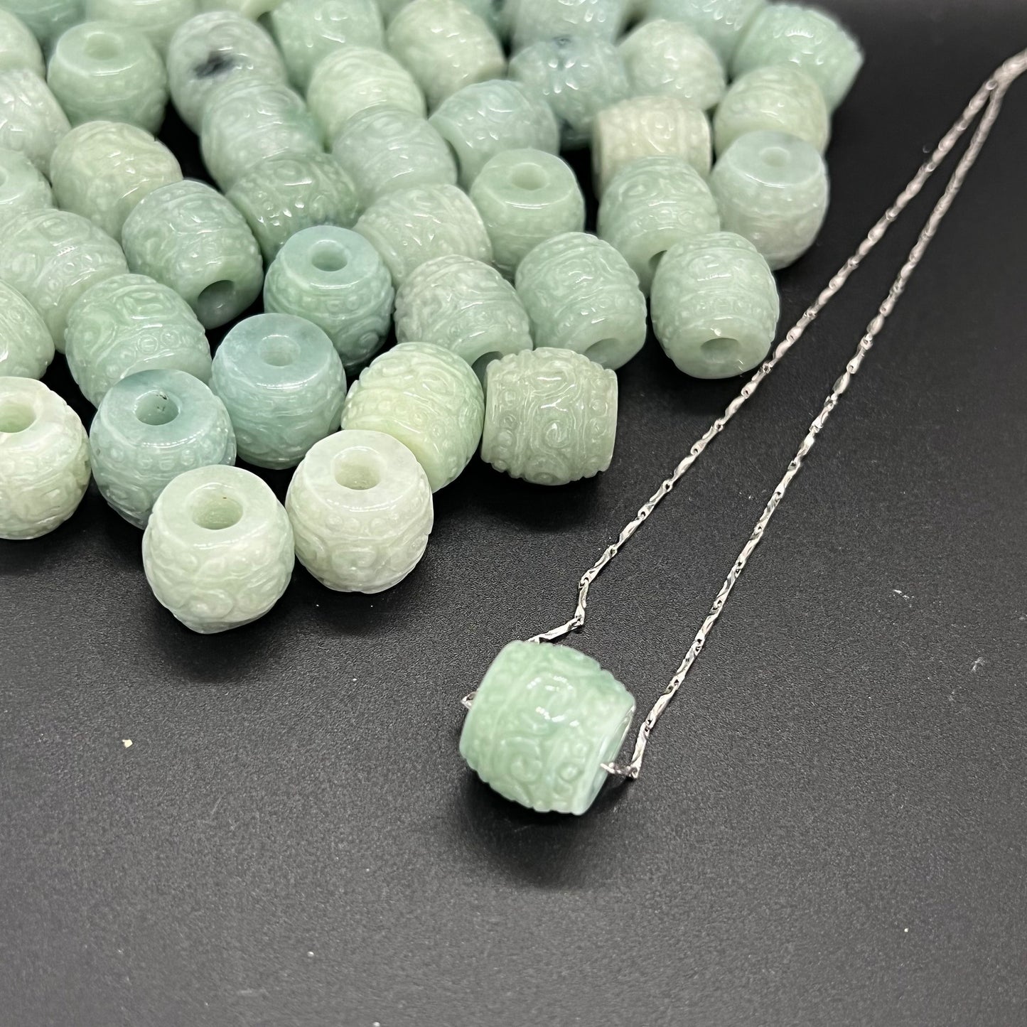 Vintage Barrel beads Grade A Jadeite Natural ICE Green Burma jade Lady pendant jewelry necklace Type A stone with sliver 925 chain