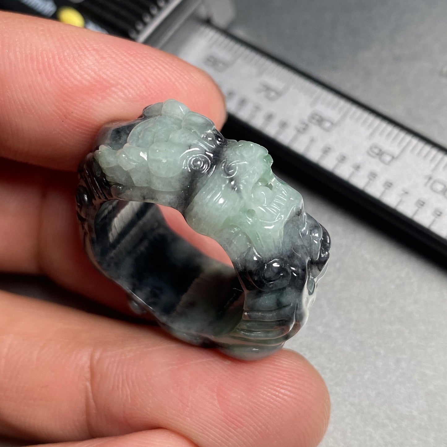 19.2mm Custom Carved dragon Grade A jade wide  Band Ring Natural black gray Jadeite Hand carved bead gemstone Lady jadeware gift