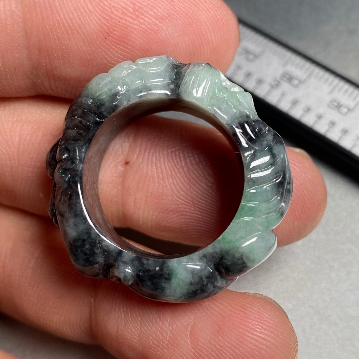 19.2mm Custom Carved dragon Grade A jade wide  Band Ring Natural black gray Jadeite Hand carved bead gemstone Lady jadeware gift