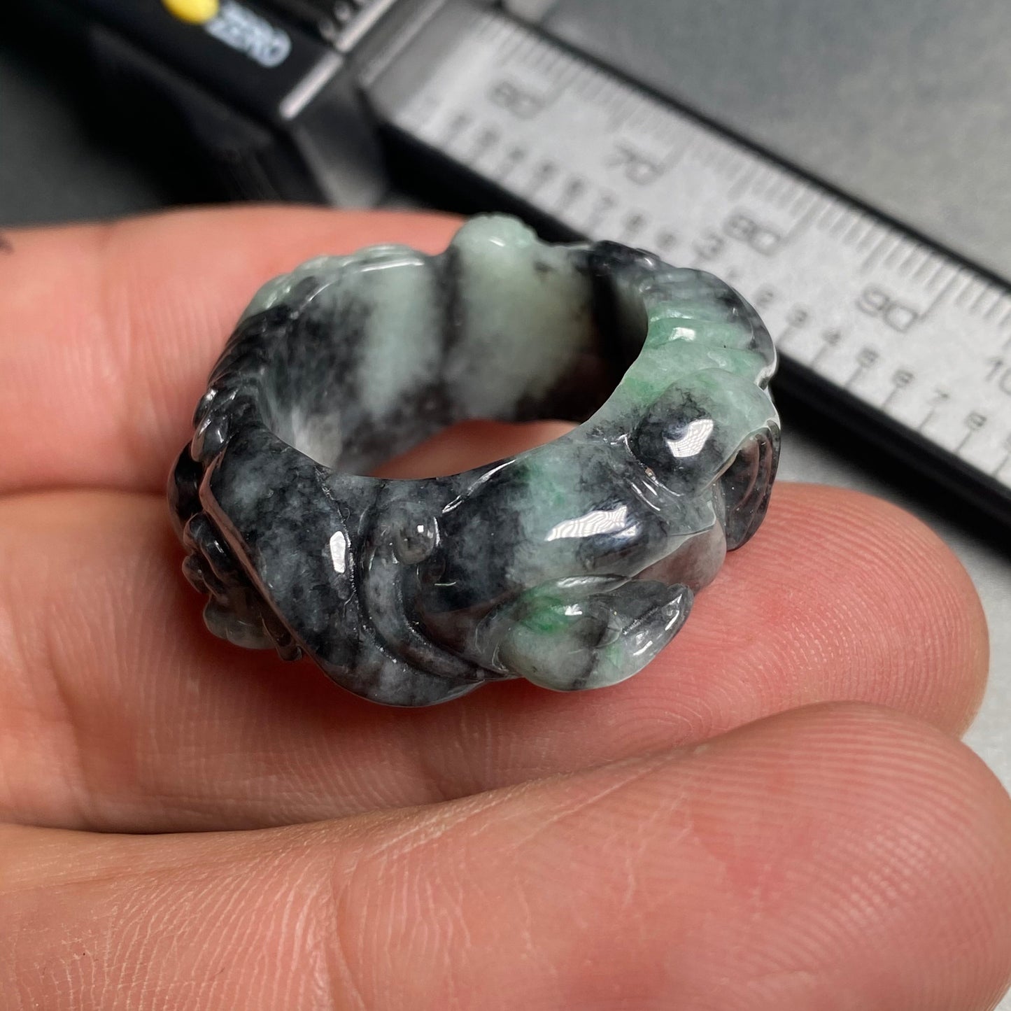 19.2mm Custom Carved dragon Grade A jade wide  Band Ring Natural black gray Jadeite Hand carved bead gemstone Lady jadeware gift