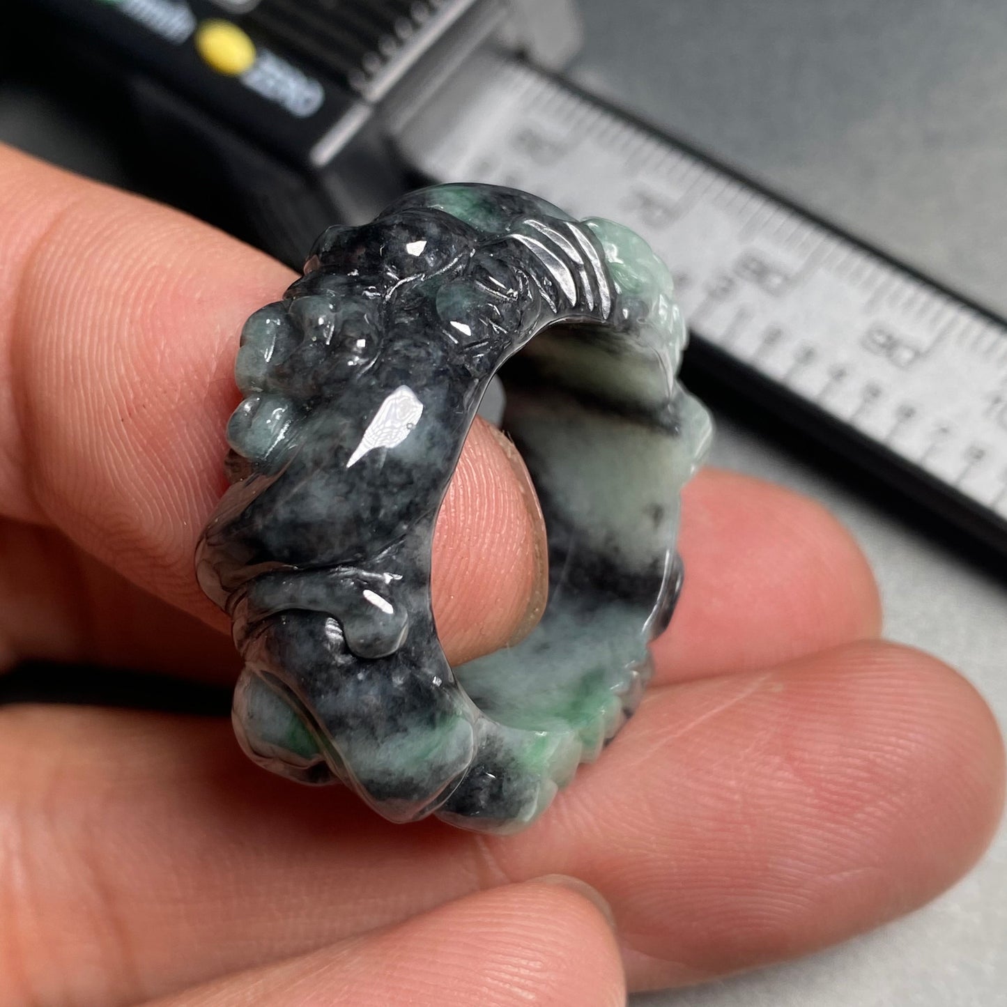 19.2mm Custom Carved dragon Grade A jade wide  Band Ring Natural black gray Jadeite Hand carved bead gemstone Lady jadeware gift