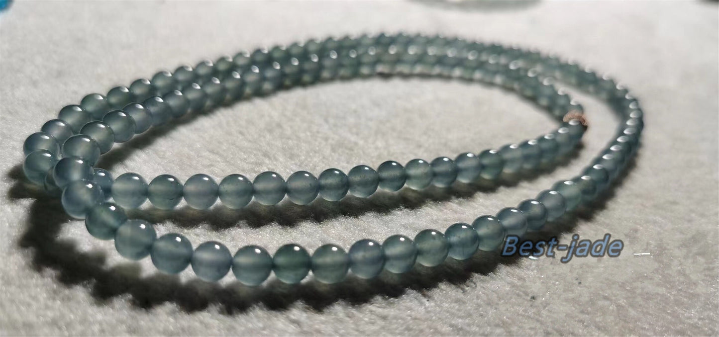 Small size 4.8mm Blue Green Natural Grade A Jade Hand carved Necklace Chain Burma Jadeite Round bead Blue jade gemstone jewelry gift