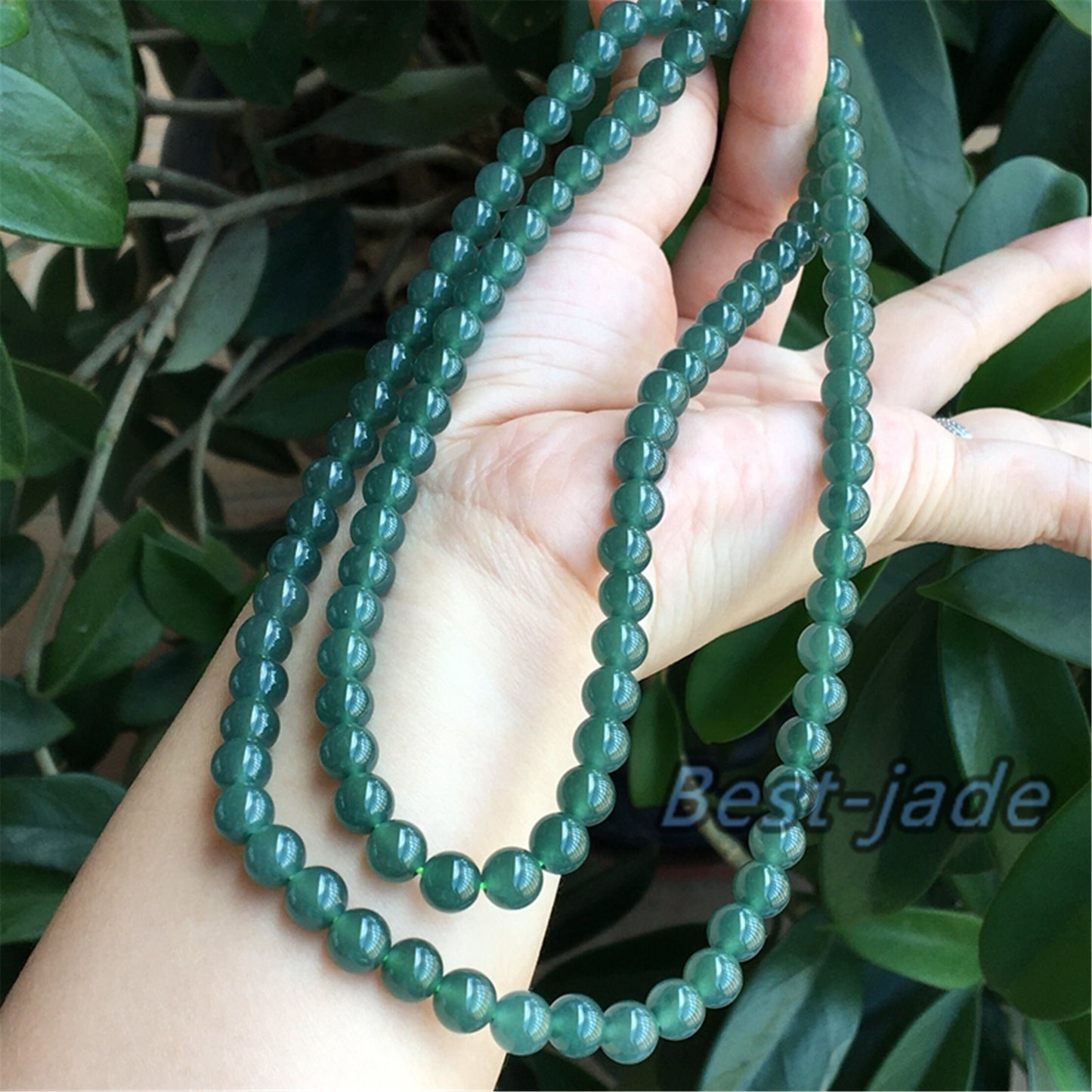 Small size 6.8mm Blue Green Natural Grade A Jade Hand carved Necklace Chain Burma Jadeite Round bead Blue jade gemstone jewelry gift