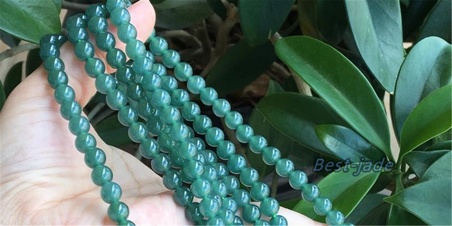 Small size 6.8mm Blue Green Natural Grade A Jade Hand carved Necklace Chain Burma Jadeite Round bead Blue jade gemstone jewelry gift