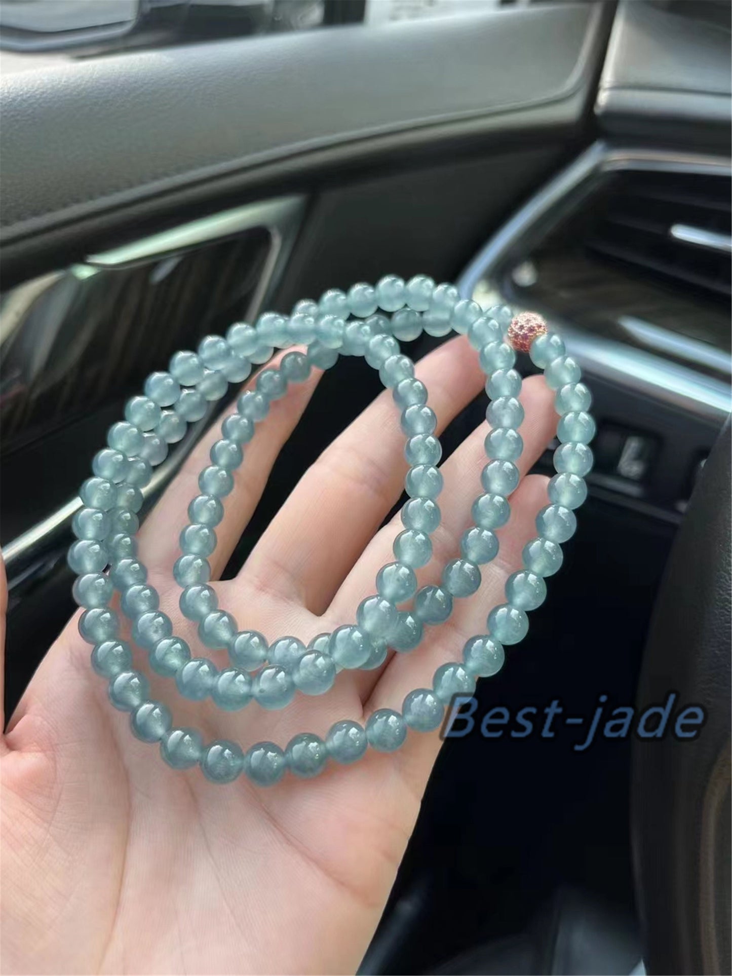 Small size 6.8mm Blue Green Natural Grade A Jade Hand carved Necklace Chain Burma Jadeite Round bead Blue jade gemstone jewelry gift