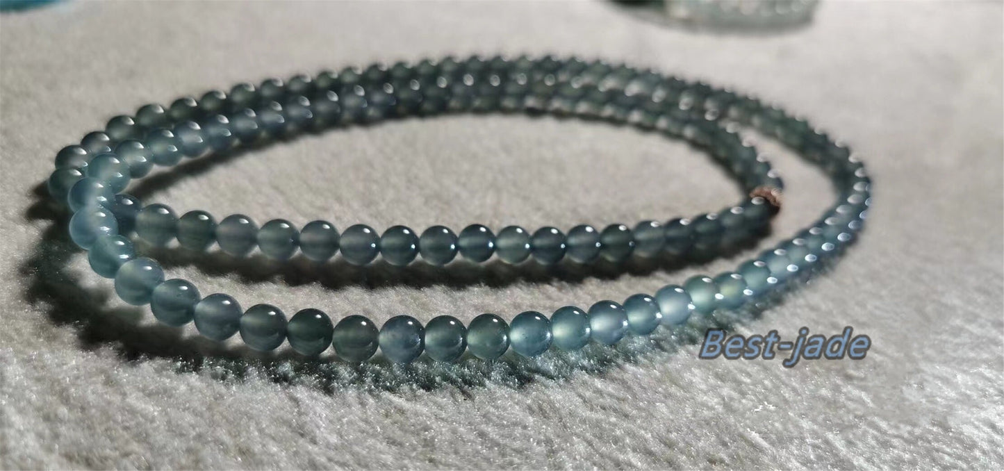 Small size 4.8mm Blue Green Natural Grade A Jade Hand carved Necklace Chain Burma Jadeite Round bead Blue jade gemstone jewelry gift