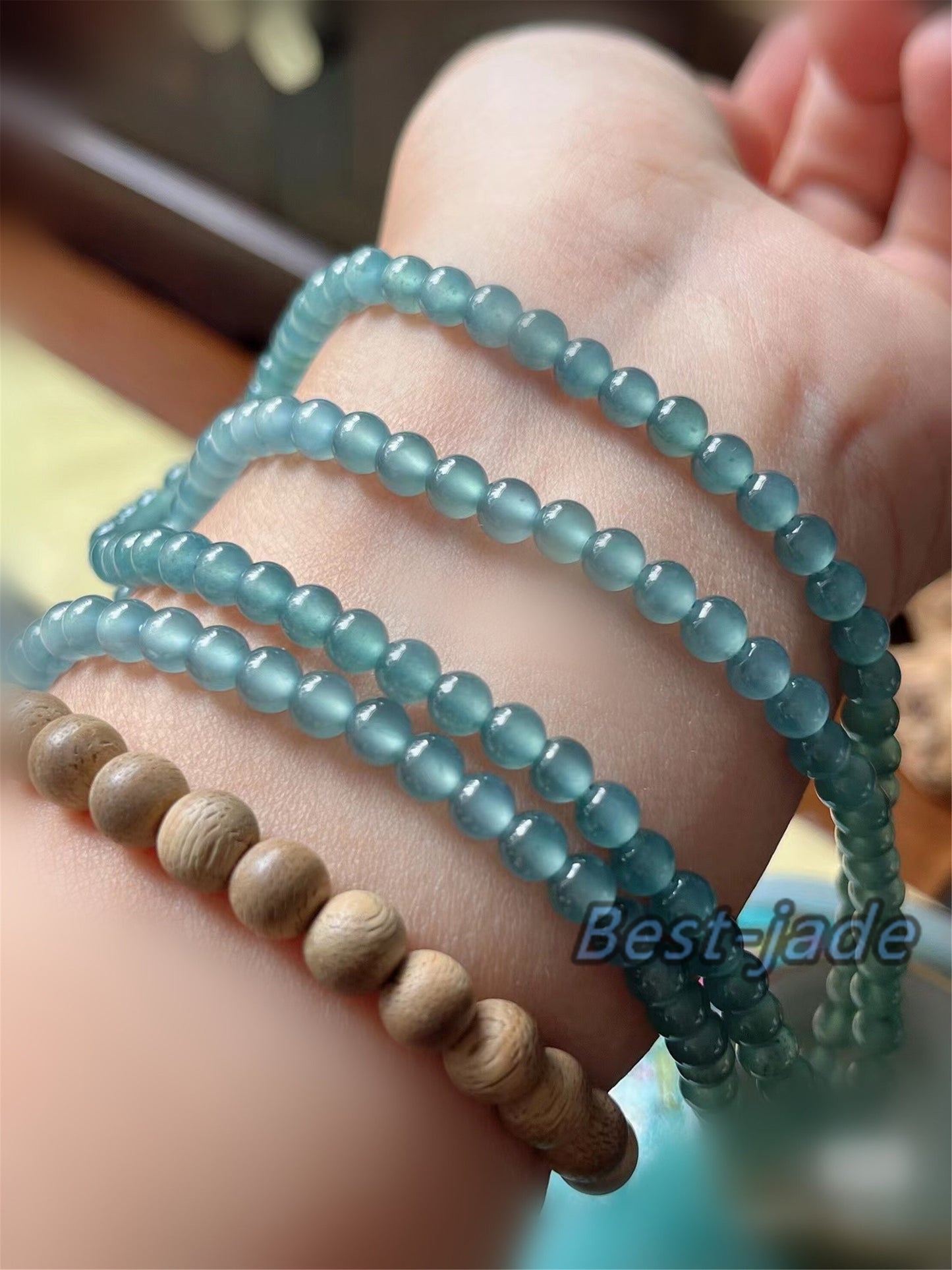 Small size 4.8mm Blue Green Natural Grade A Jade Hand carved Necklace Chain Burma Jadeite Round bead Blue jade gemstone jewelry gift