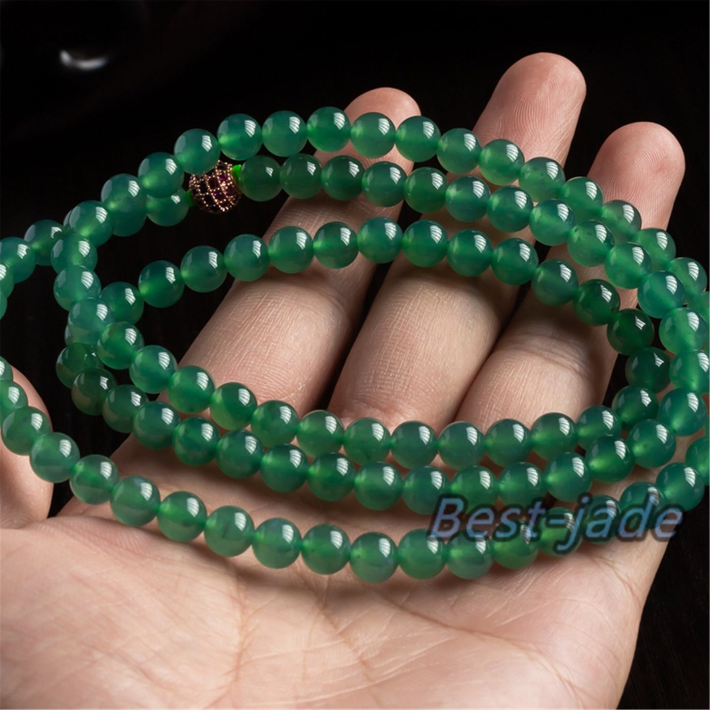 Small size 6.8mm Blue Green Natural Grade A Jade Hand carved Necklace Chain Burma Jadeite Round bead Blue jade gemstone jewelry gift