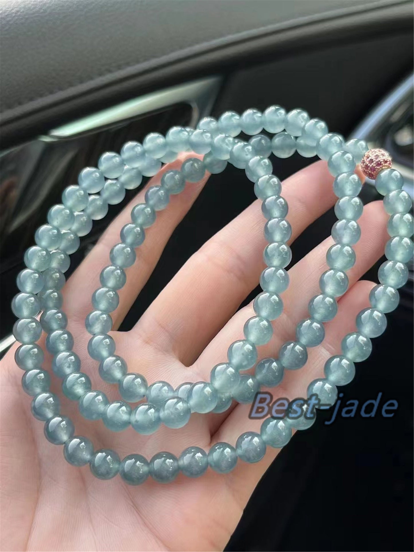 Small size 6.8mm Blue Green Natural Grade A Jade Hand carved Necklace Chain Burma Jadeite Round bead Blue jade gemstone jewelry gift