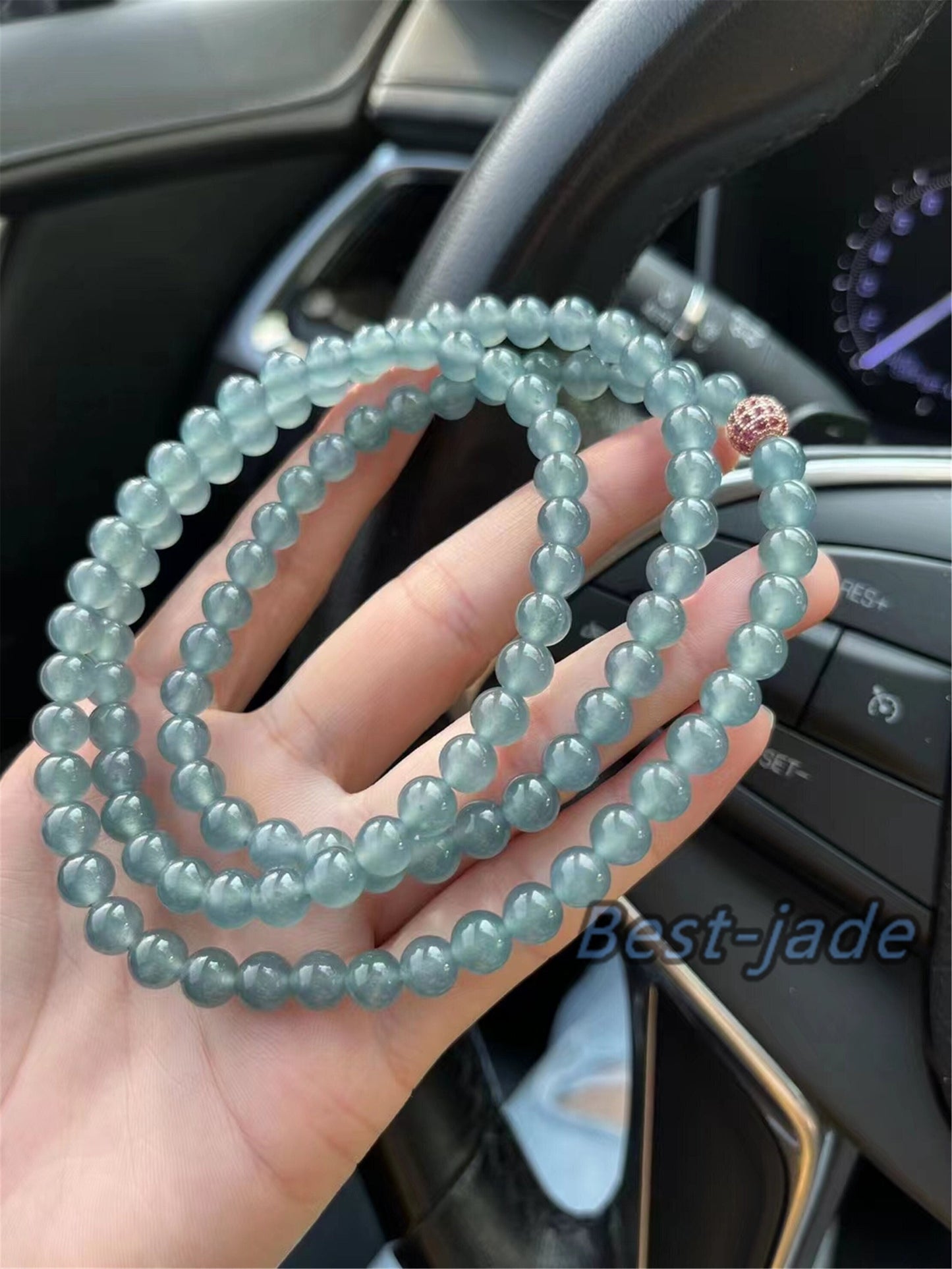 Small size 6.8mm Blue Green Natural Grade A Jade Hand carved Necklace Chain Burma Jadeite Round bead Blue jade gemstone jewelry gift